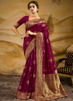 Magenta Jacquard Silk Zari Weaving Designer Wedding Saree
