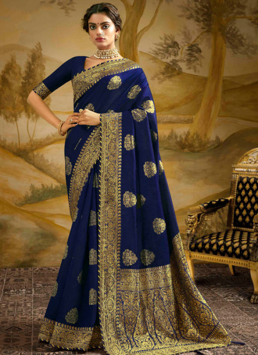 Navy Blue Jacquard Silk Zari Weaving Wedding Saree