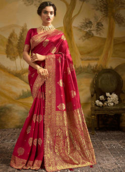 Rani Pink Jacquard Silk Zari Weaving Designer Wedding Saree