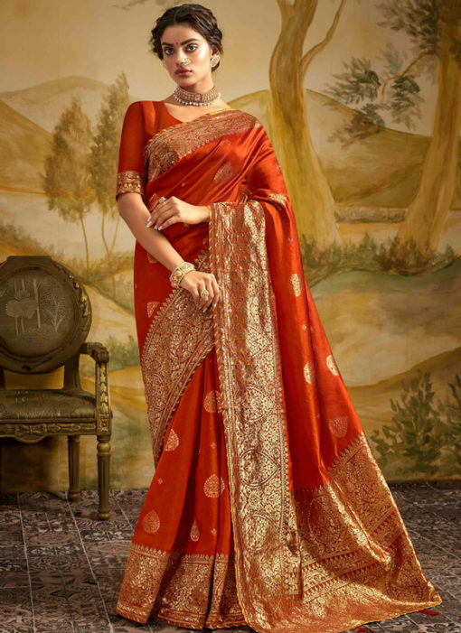 Rust Jacquard Silk Zari Weaving Wedding Saree