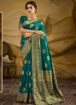 Sea Green Jacquard Silk Zari Weaving Designer Wedding Saree