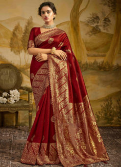 Maroon Jacquard Silk Zari Weaving Designer Wedding Saree