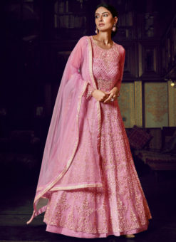 Pink Net Resham Work Floor Length Designer Anarkali Suit