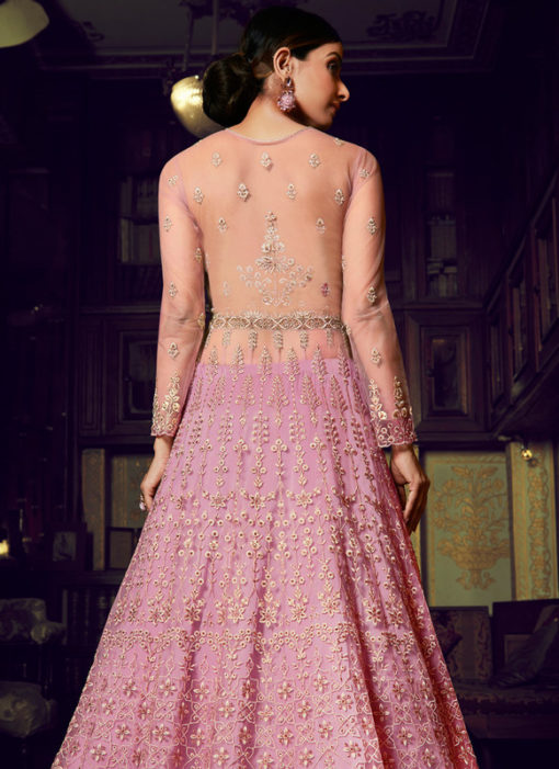 Pink Net Resham Work Floor Length Designer Anarkali Suit