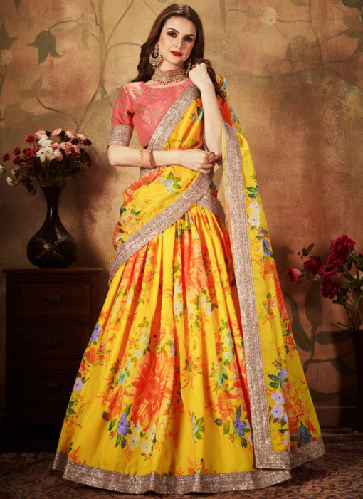 Elegant Pink And Yellow Orgenza Digital Printed Designer Lehenga Choli