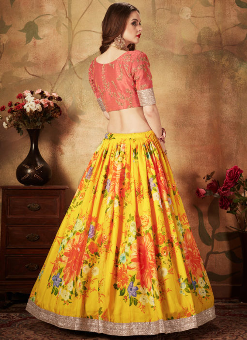 Elegant Pink And Yellow Orgenza Digital Printed Designer Lehenga Choli