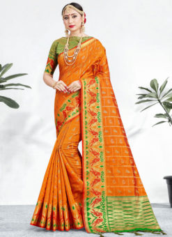 Lovely Orange Banarasi Silk Zari Weaving Wedding Saree