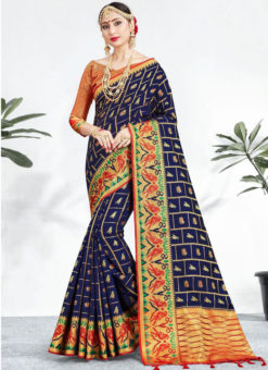 Classic Navy Blue Banarasi Silk Zari Weaving Wedding Saree