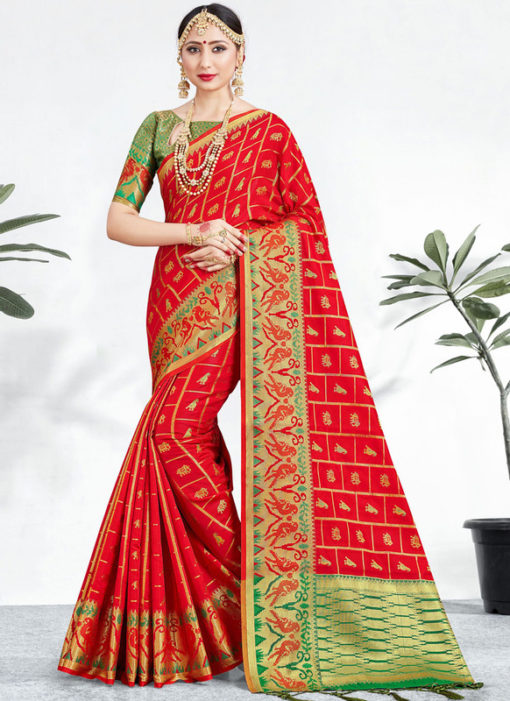 Charming Red Banarasi Silk Zari Weaving Wedding Saree