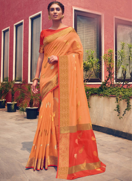 Lovely Orange Cotton Handloom Weaving Casual Saree