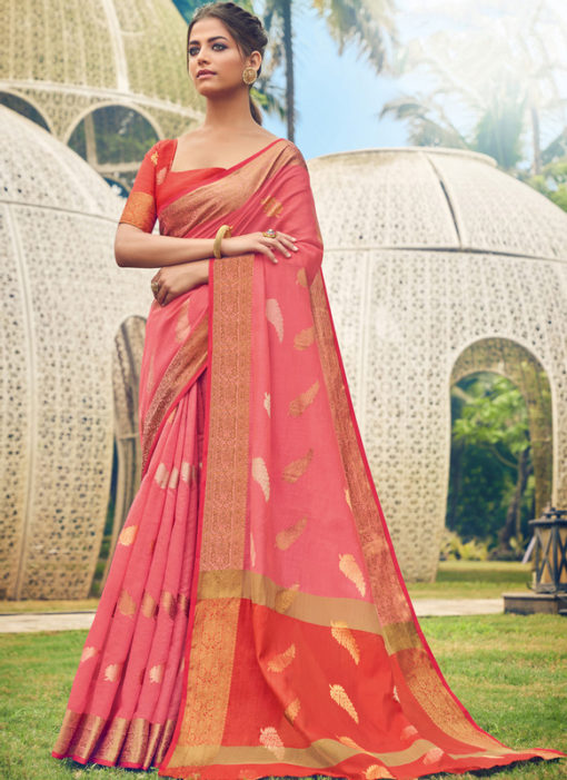 Elegant Pink Cotton Handloom Weaving Casual Saree