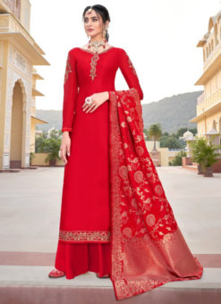 Lavish Red Satin Embroidered Work Designer Palazzo Suit