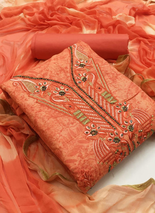Elegant Peach Cotton Embroidered Work Designer Salwar Kameez