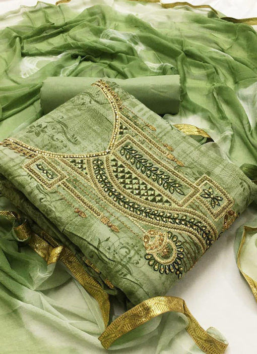 Amazing Green Cotton Embroidered Work Designer Salwar Kameez