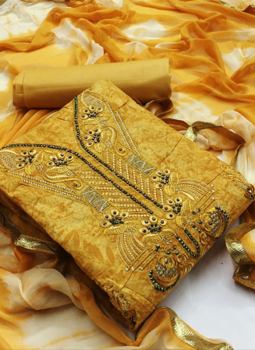 Alluring Yellow Cotton Embroidered Work Designer Salwar Kameez