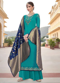 Glorious Sea Blue Satin Embroidered Work Designer Palazzo Suit