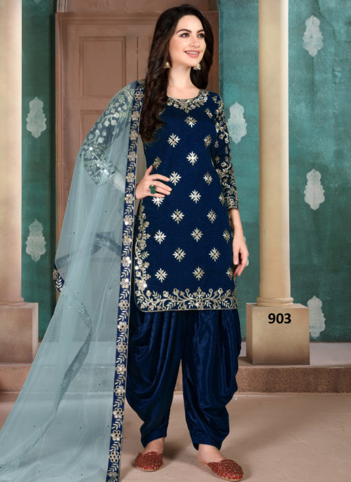 Blue Art Silk Embroidered Work Designer Patiala Salwar Suit