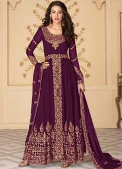 Beautiful Purple Georgette Embroidered Work Floor Length Designer Anarkali Suit