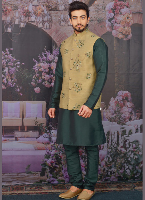 Miraamall Bottle Green Banarasi Silk Festival Wear Embroidery Work Karta Pajama With Jacket