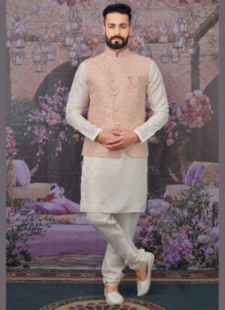 Miraamall Peach Banarasi Silk Festival Wear Embroidery Work Karta Pajama With Jacket
