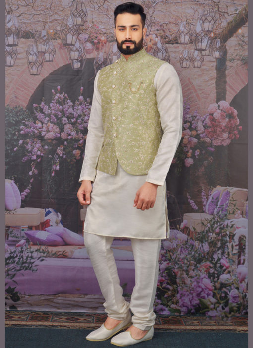 Miraamall Pista Green Banarasi Silk Festival Wear Art Embroidery Work Karta Pajama With Jacket