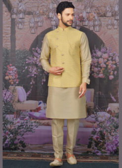 Miraamall Yellow Banarasi Silk Festival Wear Embroidery Work Karta Pajama With Jacket