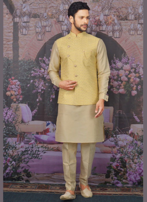 Miraamall Yellow Banarasi Silk Festival Wear Embroidery Work Karta Pajama With Jacket