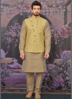 Miraamall Yellow Banarasi Silk Festival Wear Embroidery Karta Pajama With Jacket