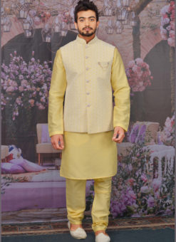 Miraamall Yellow Silk Banarasi Festival Wear Art Embroidery Work Karta Pajama With Jacket