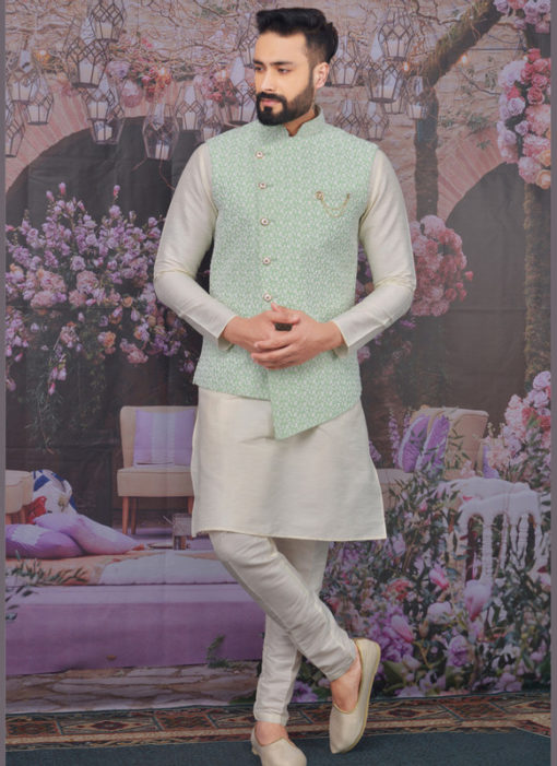 Miraamall Pista Green Silk Banarasi Festival Wear Embroidery Work Karta Pajama With Jacket
