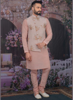 Miraamall Pink Silk Banarasi Festival Wear Embroidery Work Karta Pajama With Jacket