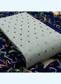 Beautiful Grey Slub Cotton Festival Wear Mirror Work Salwar Suit