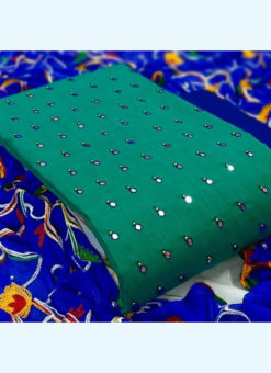 Alluring Teal Slub Cotton Festival Wear Mirror Work Salwar Suit