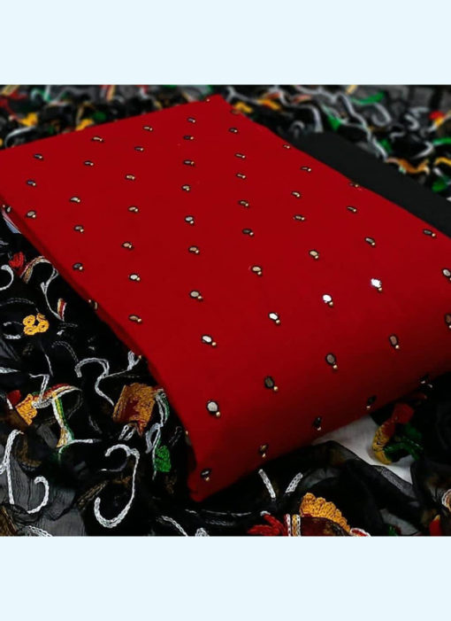 Charming Red Slub Cotton Festival Wear Mirror Work Salwar Suit