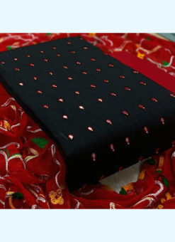 Elegant Black And Red Slub Cotton Festival Wear Mirror Work Salwar Suit