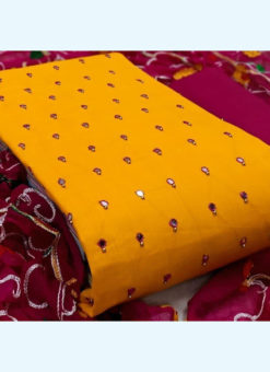 Wonderful Yellow Slub Cotton Festival Wear Mirror Work Salwar Suit