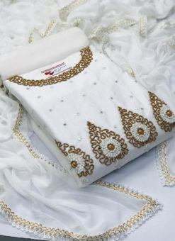 White Heavy Cotton Embroidered And Handwork Designer Salwar Kameez