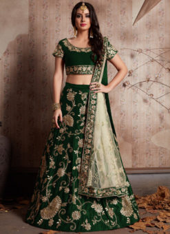 Green Velvet Silk Embroidered Work Designer Wedding Lehenga Choli