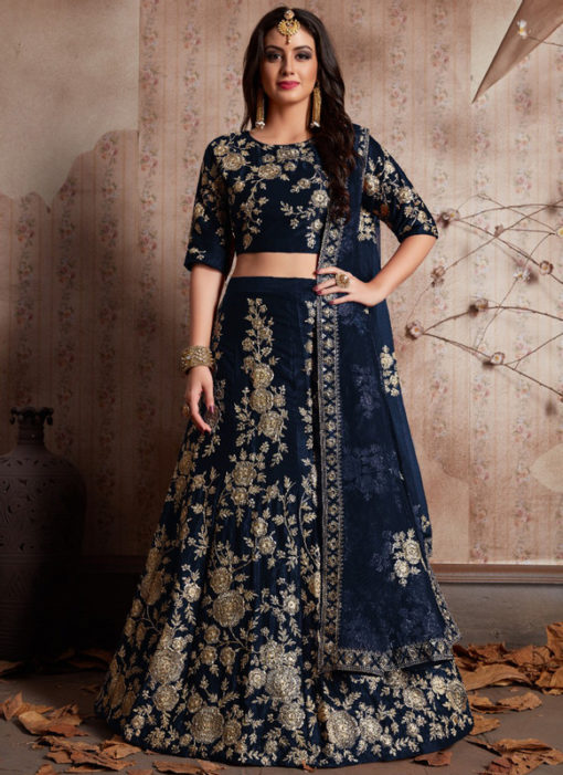 Blue Velvet Silk Embroidered Work Designer Wedding Lehenga Choli