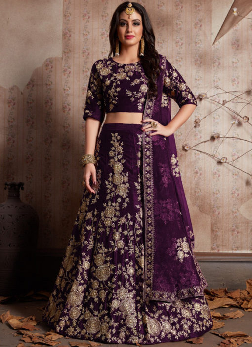 Purple Velvet Silk Embroidered Work Designer Wedding Lehenga Choli