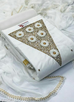 White Heavy Cotton Embroidered And Handwork Designer Salwar Kameez