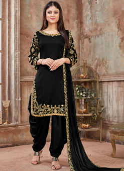 Attractive Black Satin Mirror Work Designer Patiyala Salwar Suit