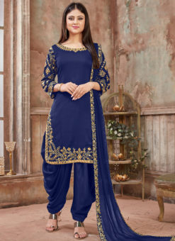 Classic Blue Satin Mirror Work Designer Patiyala Salwar Suit