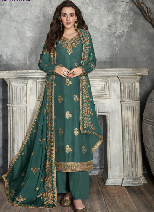 Amazing Sea Green Silk Embroidered Work Party Wear Salwar Suit