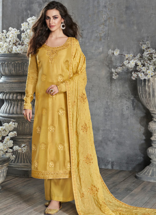 Lovely Yellow Silk Embroidered Work Party Wear Salwar Suit