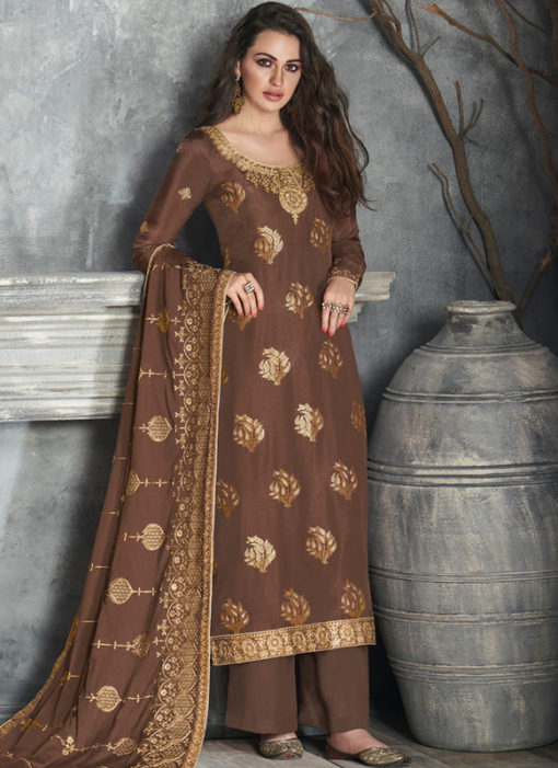 Lavish Brown Silk Embroidered Work Party Wear Salwar Suit