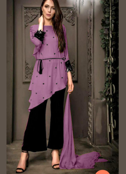 Elegant Lavender Georgette Pearl Work Designer Kurti With Fancy Pant
