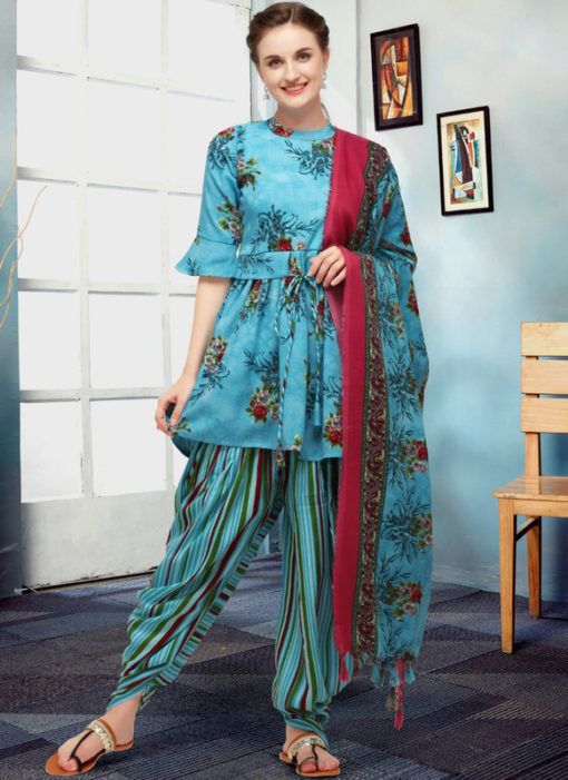 Lovely Sky Blue Cotton Printed Readymade Patiyala Salwar Suit