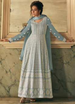 Graceful Grey Georgette Lakhnavi Work Designer Anarkali Suit