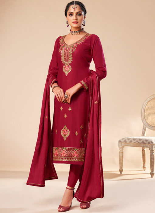 Amazing Red Silk Embroidered Work Designer Party Wear Salwar Suit